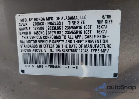 2005 Honda Odyssey Ex-L z USA, uszkodzony, nr VIN 5FNRL38765B117043